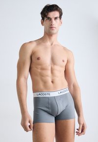 Boxer-briefs gris avec une ceinture blanche arborant le logo "Lacoste". Le tissu est lisse et moulant, adapté pour un usage quotidien.