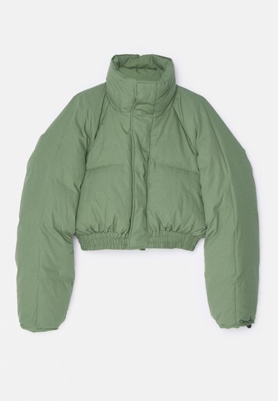 Cropped green puffer jacket with a high collar, elastic waistband, and oversized sleeves. Smooth texture with seam detailing and no visible hardware.