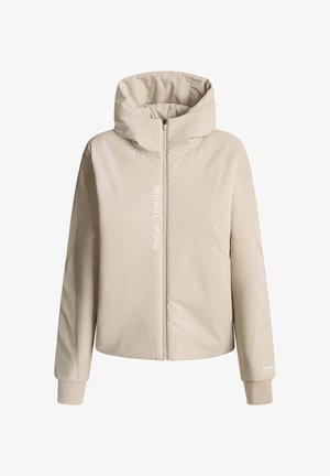 Harmaa huppari, jossa on täysi vetoketju ja logotiedot. Ominaisuuksiin kuuluvat mukava istuvuus, sileä pinta ja pitkät hihat.