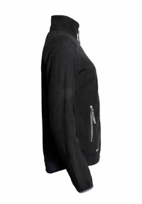 Svart fleecejacka med hög krage, zippered front och sidofickor. Har en mjuk textur med en figursydd design och kontrasterande dragkedja.