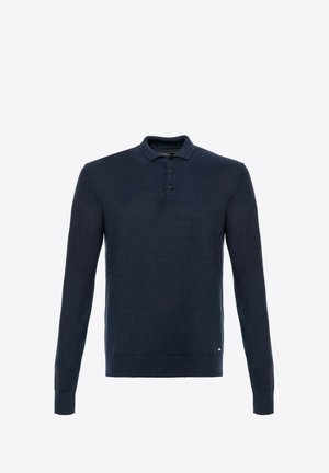 Marineblauwe polo met lange mouwen van gebreide stof. Voorzien van een klassieke kraag, een knoopsluiting met drie knopen en ribgebreide manchetten en zoom.
