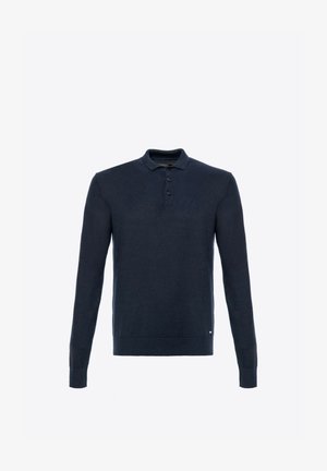 Granatowa koszula polo z długim rękawem, wykonana z dzianiny. Posiada klasyczny kołnierzyk, plisę z trzema guzikami oraz ściągacze przy mankietach i u dołu.