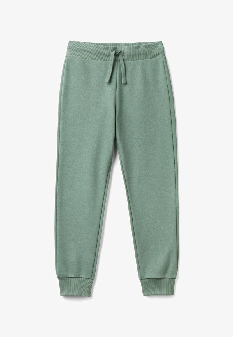 Pantaloni della tuta in cotone verde con vita regolabile da coulisse, polsini elasticizzati e una finitura morbida e texture. Design semplice, senza ulteriori motivi o accenti.