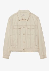 Chaqueta vaquera color crema con cuello con solapas, bolsillos delanteros y costuras visibles. Corte cropped con detalle de dobladillo sin rematar.