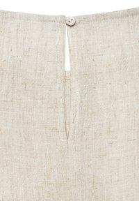 Light beige linen top with a back opening, secured by a small round button. Features a textured, woven pattern and clean lines.