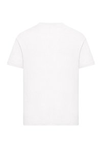 Biała bawełniana koszulka, krótki rękaw, okrągły dekolt, prosty krój, gładki tył bez wzorów ani nadruków, miękka tekstura.