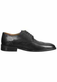 Scarpa oxford nera in pelle con dettagli brogue, punta tonda e suola piatta in gomma. Caratterizzata da lacci e una finitura lucida.