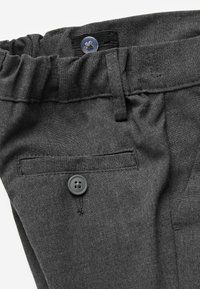 Grijze broek met een elastische tailleband, voorzien van een knoopsluiting, zijzak en zachte stoftextuur.