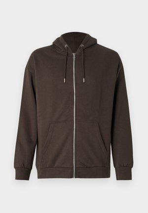 Brązowa bluza z kapturem na zamek, z sznurkiem przy kapturze, przednimi kieszeniami, ściągaczami na rękawach i miękką fakturą materiału. Prosty design z minimalistycznymi akcentami.