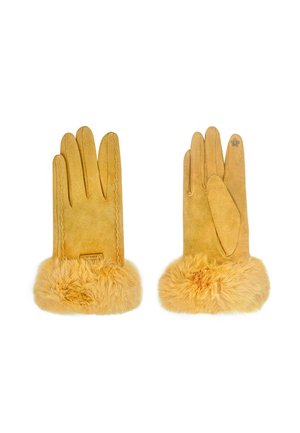 Guanti in suede giallo con un soffice polsino in pelliccia, caratterizzati da un'accortezza floreale e da cuciture decorative lungo le dita.