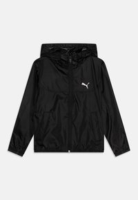 Black windbreaker jacket with a zip front, hood, elastic cuffs, and two side pockets. Features a white Puma logo on the chest. Smooth texture.