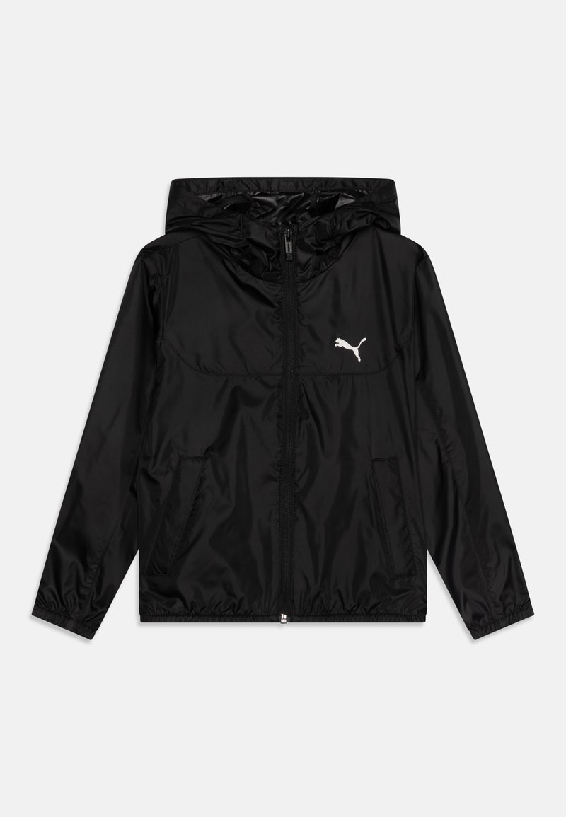 Black windbreaker jacket with a zip front, hood, elastic cuffs, and two side pockets. Features a white Puma logo on the chest. Smooth texture.