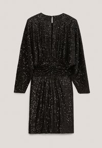 Svart klänning med långa ärmar, med rynkad baksida, täckt av paljetter för en texturerad design, med en nyckelhålsstängning vid halsen.