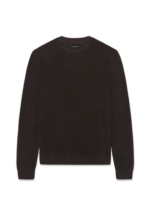 Pruun kootud kampsun, ümmargune kaelus, pikad varrukad, soonikotid ja ääred, tekstureeritud kangas. Lihtne ja kaunistusteta disain, pehme välimus.