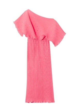 Ροζ φόρεμα με ένα ώμο, με χρυσές πουά, πλισέ ύφασμα και βολάν σε ασυμμετρικό ντεκολτέ.