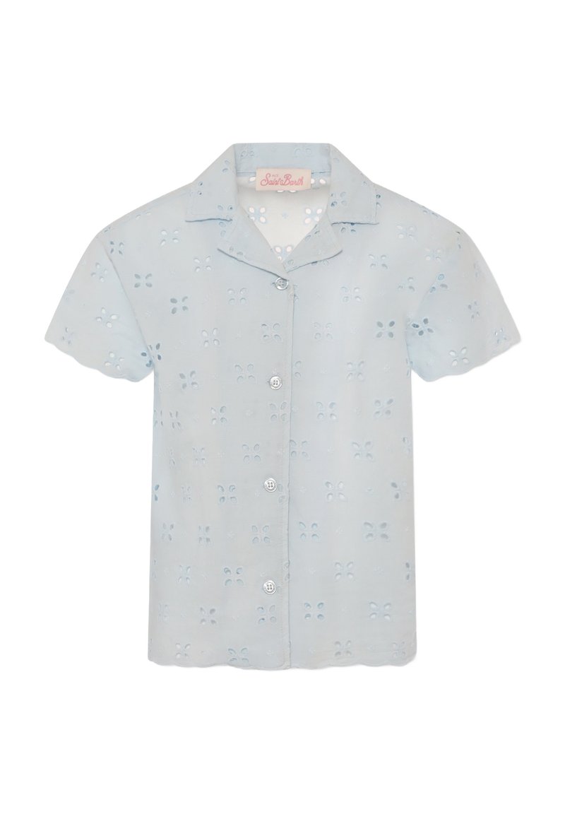 Camicia azzurra a maniche corte con chiusura a bottoni, caratterizzata da ritagli floreali e orlo scallop. Realizzata in tessuto leggero e testurizzato.