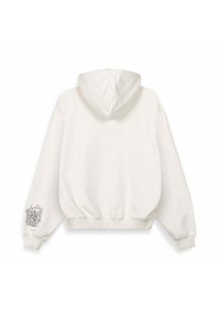 Felpa bianca con cappuccio regolabile, polsini e orlo a coste. Presenta un design grafico sulla manica sinistra, che mette in mostra un motivo da cartone animato.