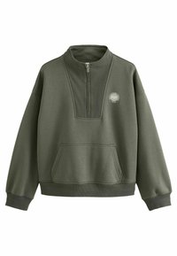 Sweat-shirt à col montant vert olive avec fermeture éclair au quart, col côtelé, poche avant et détail du logo sur la poitrine ; tissu doux et texturé.
