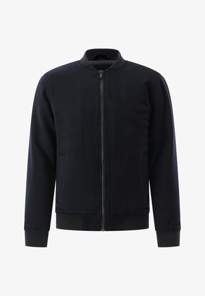 Black zip-up bomber jacket with ribbed collar, cuffs, and hem, displayed against a white background.