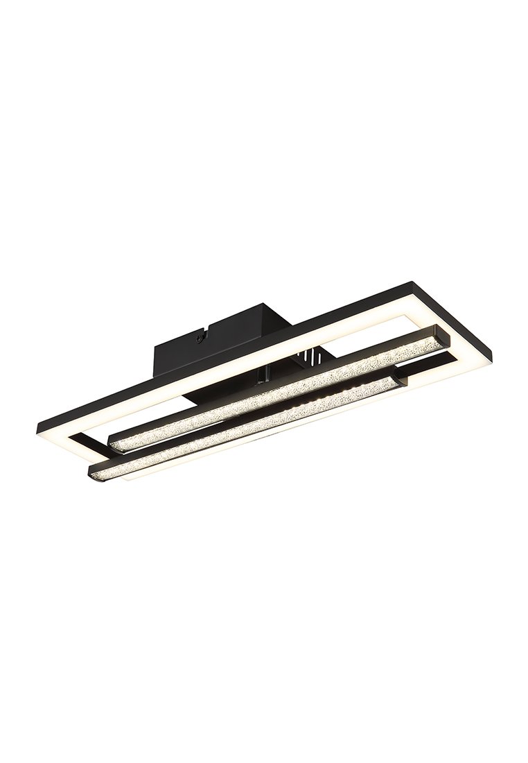 Černé kovové stropní svítidlo obdélníkového tvaru, které obsahuje dva horizontální LED pásky a textured skleněnou desku pro osvětlení.
