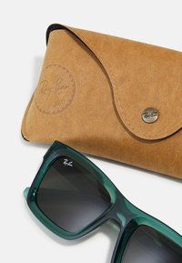 Ochelari de soare din plastic verde cu lentile întunecate, având logo-ul Ray-Ban pe ramă, alături de un etui din piele maro cu logo în relief și închidere prin apăsare.