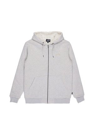 Felpa con cappuccio grigio chiaro con zip, tasche frontali, cappuccio con coulisse foderato in pile bianco e polsini e orlo a costine.