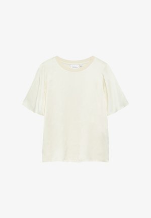 Blusa a maniche corte color crema con scollo rotondo e maniche leggermente svasate, etichettata Comma, taglia 34.