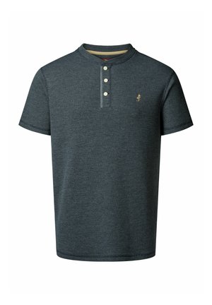 Mørkeblå kortermet polo skjorte med teksturert mønster, to-knapps placket og en liten gulllogo på brystet.