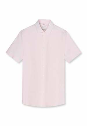 Camicia rosa chiaro a maniche corte con colletto classico e patta frontale, mostrata su sfondo bianco.