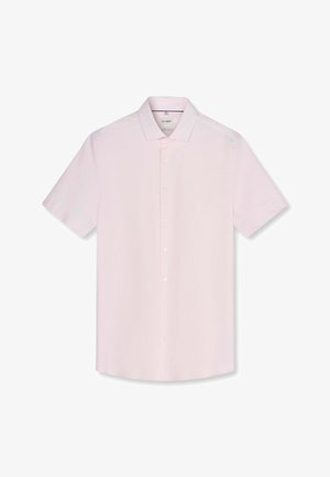 Camicia rosa chiaro a maniche corte con colletto classico e patta frontale, mostrata su sfondo bianco.