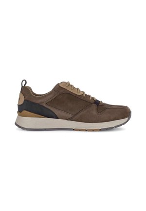 Brown suede sneaker with beige laces, black and tan heel accents, thick white sole, and pull tab on the back, shown from the left side.