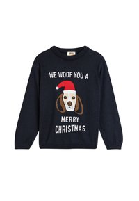 Granatowy sweter dzianinowy z beagle'em w czerwonej czapce Świętego Mikołaja oraz napisem "ŻYCZYMY CI WESOŁYCH ŚWIĄT" w białym i kremowym kolorze.