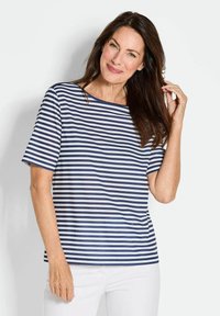 Kurzärmliges gestreiftes T-Shirt in Marineblau und Weiß. Weiches Material, runder Halsausschnitt, lockere Passform und horizontale Streifen ohne zusätzliche Verzierungen.