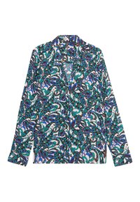 Langärmlige Bluse aus leichtem Stoff, mit einem aufwendigen Blumenmuster in Blau, Türkis und Schwarz auf weißem Hintergrund.