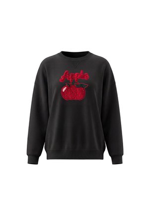 Sort langærmet sweatshirt med rød glitrende æblegrafik og ordet "Apple" over æblerne i rødt glitrende tekst.