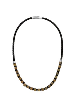 Black braided necklace featuring alternating brown wooden and black beaded accents, secured with a silver metal clasp.