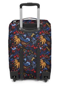 Hård resväska med svart bas, prydd med färgglada blommönster i röd, blå, gul och grön. Utdragbart handtag och smidiga hjul.