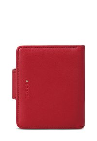 Red leather wallet with a smooth texture, square shape, and subtle gold accent. Features a fold-over flap and stitched edges for durability.