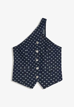 Marineblaues einseitiges Trägertop mit hellgrauen Polka-Dots und fünf Frontknöpfen, ausgestattet mit zwei kleinen horizontalen Paspeltaschen.