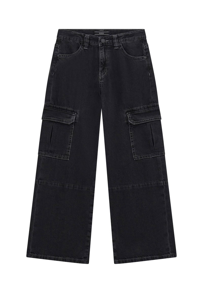 Pantaloni cargo in denim neri con gambe larghe, dotati di due grandi tasche laterali, cuciture a contrasto e chiusura con bottone classico.