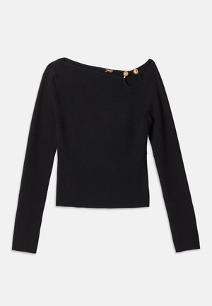 Sort langærmet top med off-shoulder design, prydet med guld accenter og en glat strikstruktur. Croppet kant og tætsiddende silhuet.