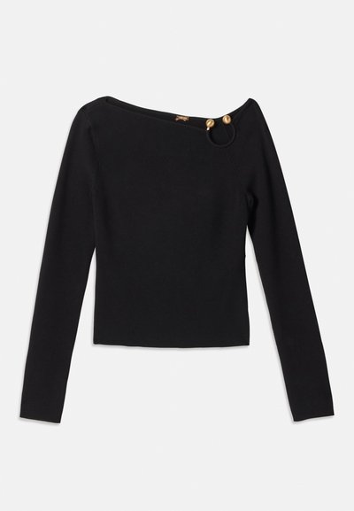 Black long-sleeve top with an off-shoulder design, featuring gold accents and a smooth knit texture. Cropped hem and fitted silhouette.