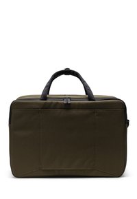 Sac en tissu olive avec des accents noirs, de forme rectangulaire, avec deux poignées supérieures et une fermeture éclair. Idéal pour le voyage ou le stockage.