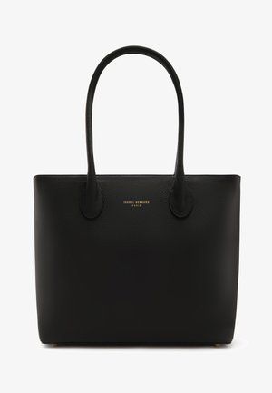 Sac fourre-tout en cuir noir avec texture lisse, deux longues poignées et logo doré subtil à l'avant. Forme rectangulaire avec un design structuré.