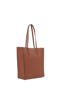 Borsa a spalla in pelle marrone con due manici, forma rettangolare, texture liscia e design minimalista senza hardware o pattern visibili.