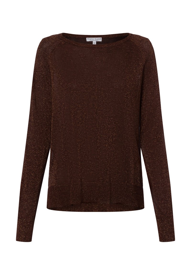Brauner langärmeliger Pullover mit einem subtilen Schimmer, aus weichem Material. Verfügt über einen runden Ausschnitt und eine lockere Passform am Saum.