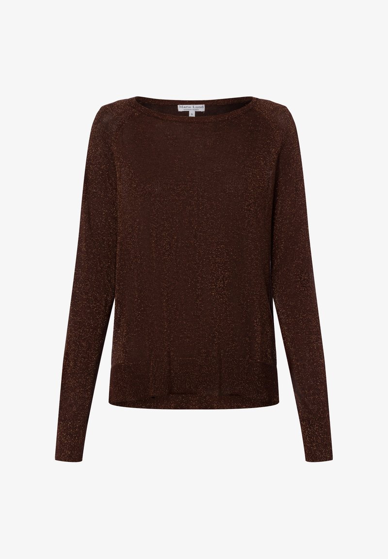 Brauner langärmeliger Pullover mit einem subtilen Schimmer, aus weichem Material. Verfügt über einen runden Ausschnitt und eine lockere Passform am Saum.