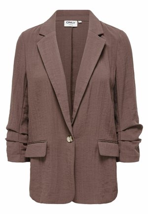 Blazer pentru femei, culoare mauve, cu un singur nasture, revere cu creastă, două buzunare frontale cu clapetă și mâneci adunate, realizat din material texturat.
