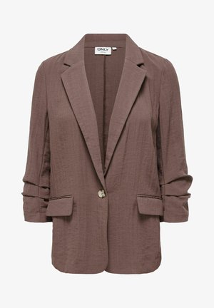Blazer pentru femei, culoare mauve, cu un singur nasture, revere cu creastă, două buzunare frontale cu clapetă și mâneci adunate, realizat din material texturat.