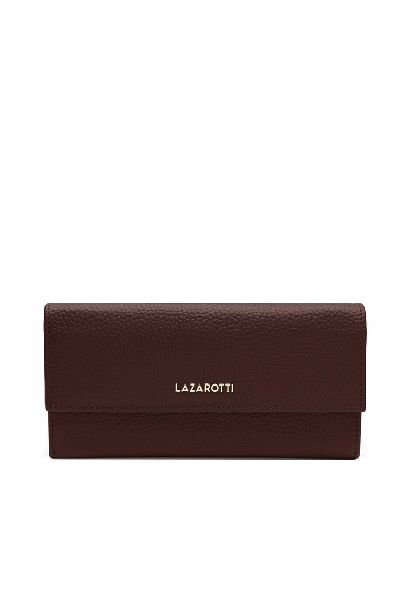 Portafoglio in pelle marrone con finitura testurizzata, caratterizzato da un logo dorato "Lazarotti" sulla parte anteriore. Forma rettangolare con chiusura a battente.